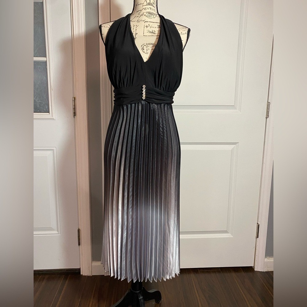 Fashion Bug Black and Silver Ombré‎ Satin Halter Dress Size 16 C